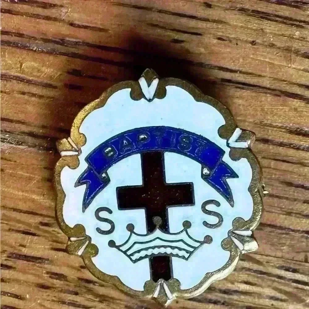 Vintage Baptist Sunday School pin brooch Little System white enamel
